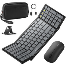 Inateck Wireless Foldable Keyboard and Mouse Set, 3 Bluetooth Channels Folding Keyboard with Numeric Keypad for Travel, with Stand and Accessory Bag,