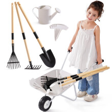 ROBOTIME Kids Metal Wheelbarrow & Planting Tools, 5PC Large Gardening Set with Adjustable Pine Handle, Outdoor Backyard Playset with Watering Can, Rak