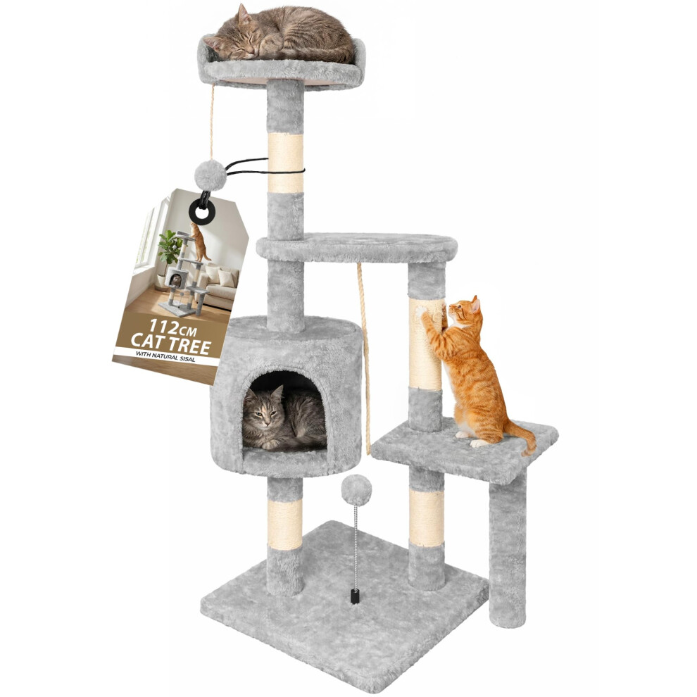 Rex & Roxy Cat Tree 112Cm | Cat Scratching Post For Indoor Cats | Multi-Level Stable Cats Tower With Sisal Scratching Posts, Plush Toy Balls