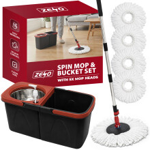 ZENO Spin Mop and Bucket Set | Microfibre Floor Mop with 5 Replacement Heads | Stainless Steel Spin Wringer & Built-In Soap Dispenser | Adjustable Ste