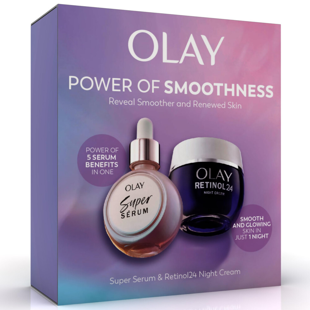 Olay Power Of Smoothness Gift Set: Super Serum, Niacinamide, Vitamin C With Collagen Peptide 30Ml + Retinol 24 Night Face Moisturiser For Women Cream