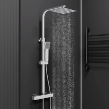 Biubiubath Thermostatic Shower Mixer Set | Dual Rainfall Shower Heads & Hose | Wall Mounted Bar Mixer Shower Chrome Finish | Adjustable Shower Riser R