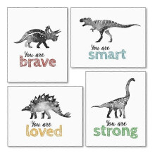 4Pcs Dinosaur Wall Art for Little Boys Room, Baby Nursery Posters, Motivational Kids Playroom Dino