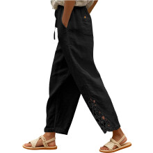 Capris Pants for Women High Waisted Cotton Linen Pants-Black L