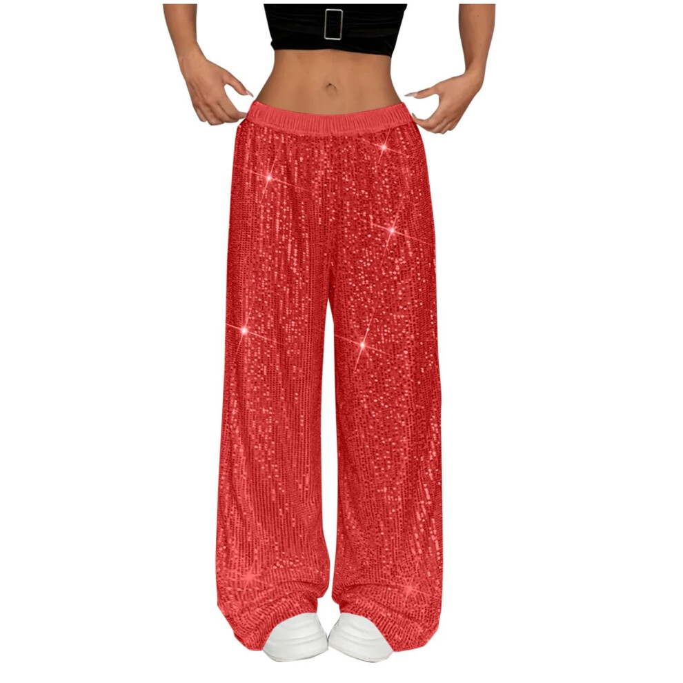 Red Women's Fashionable Solid Color Sequined Party Trousers,- L