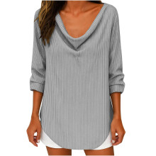 Women's Work Shirt Striped Ruffled High-Neck Top-Gray XXL
