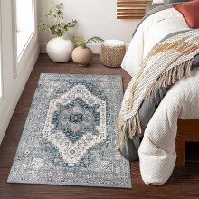 Vintage medallion runner rug blue gray 2 x 6 ft