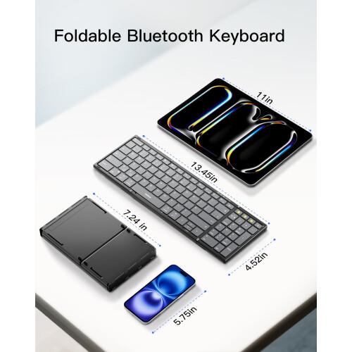 Inateck Foldable Wireless Keyboard with Number Pad, Multi-Device Bluetooth Folding Keyboard with Smart AI Function, Portable Design for iPad/iPhone/An 1