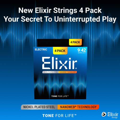 Elixir Strings Electric Guitar Strings Nickel Plated with NANOWEB Technology, Super Light (.009-.042) - Amazon Exclusive 4 Pack 1