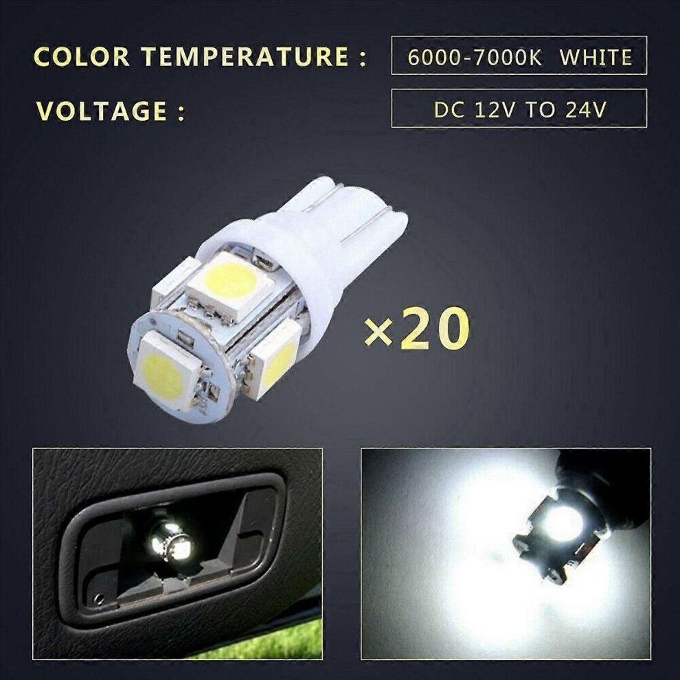 20Pcs Super T10 Wedge 5-Smd 5050 Led Bulbs W5w 2825 158 White/Light 9152359345170