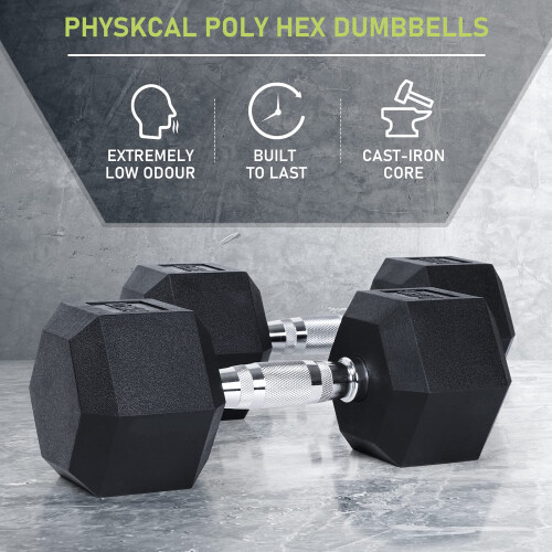 PhysKcal Hex Dumbbells 12.5kg Single, Odourless Poly Rubber Encased 1