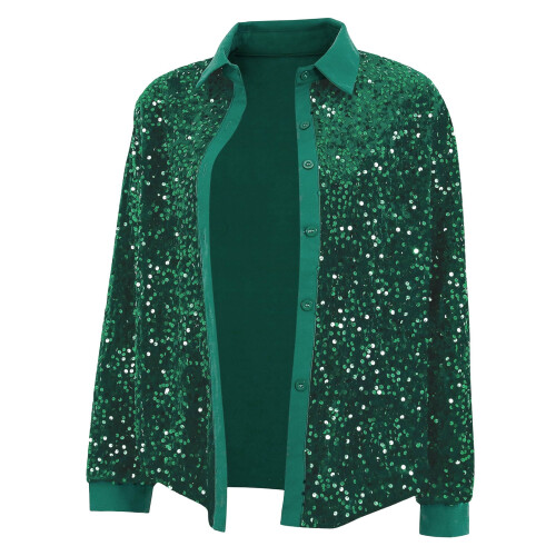 Women's Sequin Button Down Shirt Sparkle Collared-Green XXXL 1