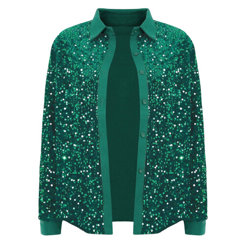 Women's Sequin Button Down Shirt Sparkle Collared-Green XXXL 2