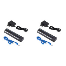 2x USB 3.0 Hub, USB-Splitter, 7-Port-Erweiterung, USB 3.0 Hub mit Schalter für PC, EU-Stecker (Netzteil erforderlich)