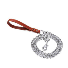 Pet Dog Walking Training Chain Lead Puppy Leash with PU Leather Handle(Coffee 4mm*120cm)