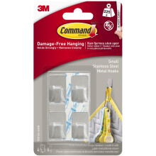 Command Small Stainless Steel Metal Hooks - 4 Hooks, 5 Adhesive Strips - Damage Free Hanging for Wall and Door