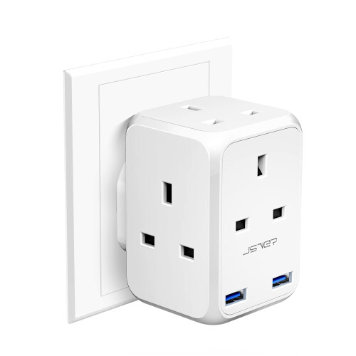 4 Way Plug Adapter USB JSVER Multi Plug Extension UK with 2 USB Ports 13A M