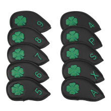 Set van 10 golfclubhoesjes met klavertje vier-patroon, waterdicht PU-leer, geschikt voor de meeste golfclubs, zwart.
