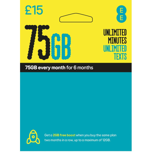EE EE 75GB Data Sim includes 15 pre-paid credit, 75GB Data, Unlimited Minutes & Unlimited Texts