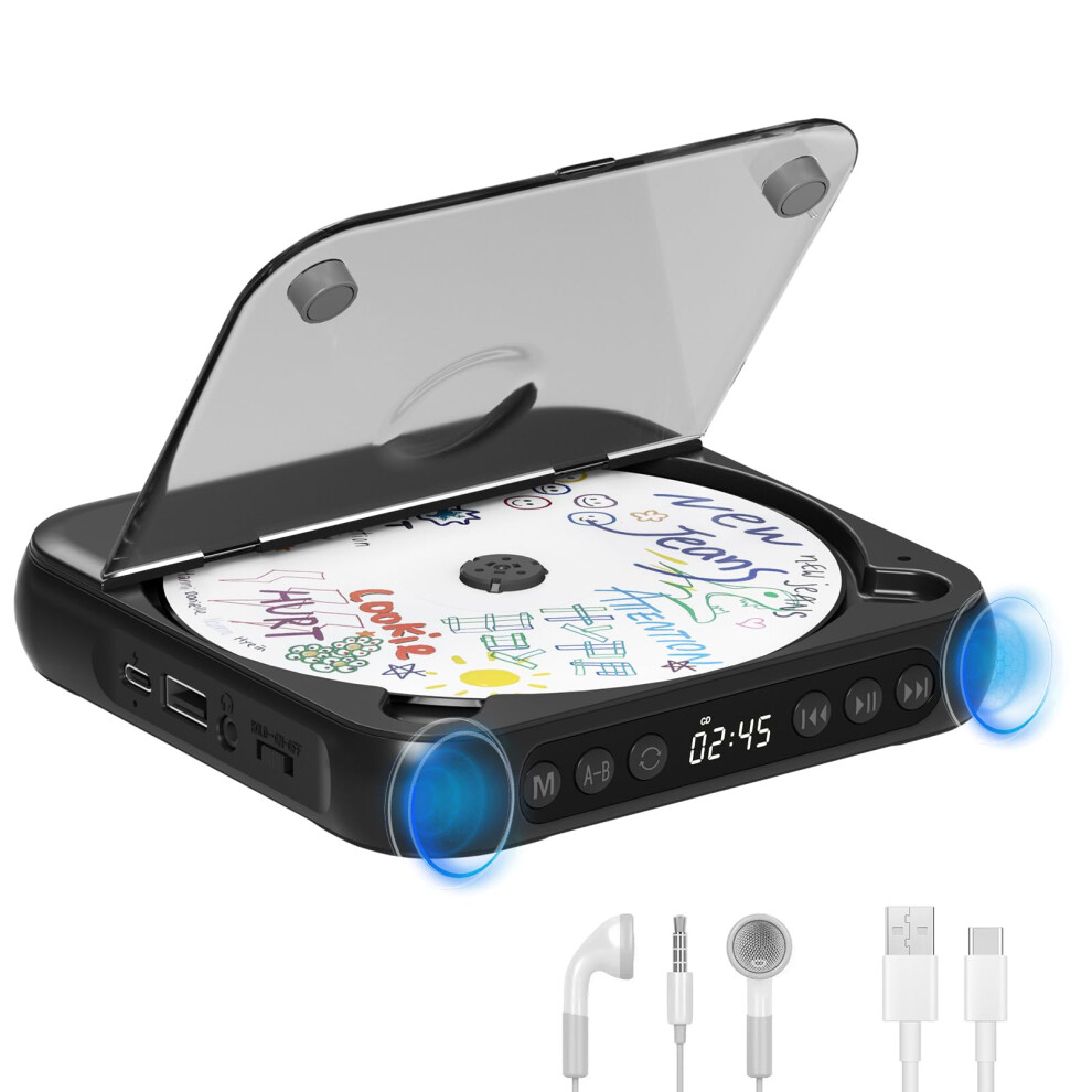 Portable Cd Player With Bluetooth 5.3, Rechargeable Cd Player For Home, Built-In Hifi Speakers, Headphones, Lcd Screen, Supports Cd/Aux/Usb And Repea 82469467
