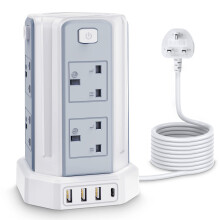 Tower Extension Lead 5M, [13A 3250W] Multi Plug Extension,8 AC Outlets & 4 USB (1 Type C and 3 USB Ports) Surge Protector Extension Lead with USB Sol