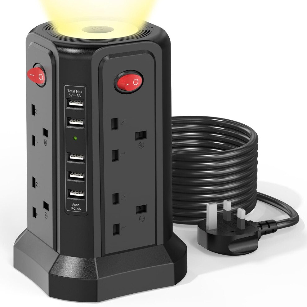Tower Extension Lead 3M With Usb Slots And Night Light, (13A 3250W) 5 Usb Ports & 8 Way Socket Extension Tower 5051226601194