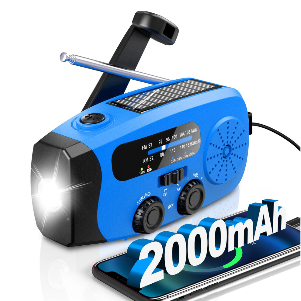 Wind Up Solar Radio, Emergency Radio, Portable Hand Crank Radio, Am/Fm Radio With Led Torch, 2000Mah Rechargeable Power Bank, Sos Alarm, Usb Phone Ch 85155718