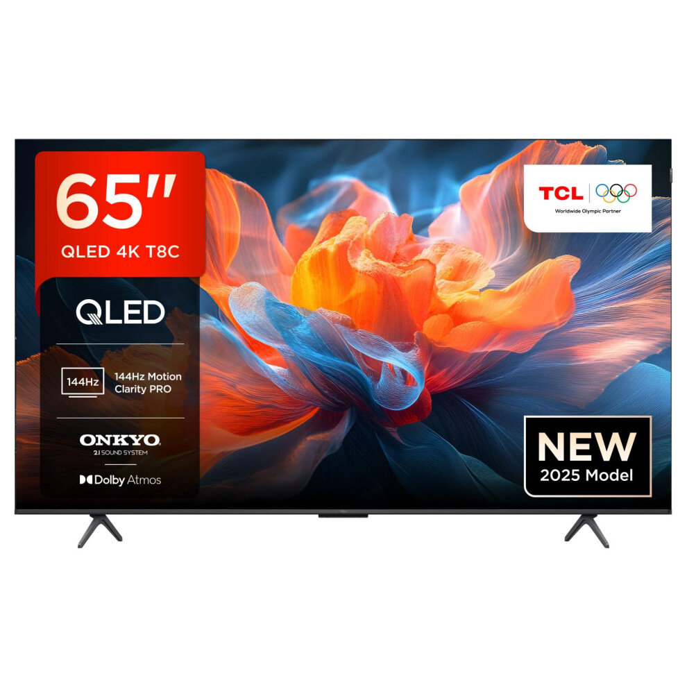 Tcl 65T8c-Uk 65" 4K 144Hz Gaming Qled Onkyo 2.1 Dolby Atmos Google Tv With Dolby Vision & Hdr 10+ Bbc Iplayer (2025 New Model)