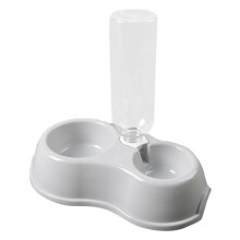 Doppelter runder, automatischer Wasserspeicher aus Kunststoff für Hunde mit Trinkflasche, grau