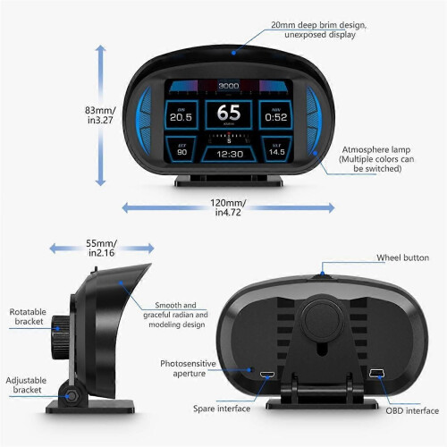 P2 Car HUD Head-Up Display OBD GPS Ταχύτητα οχήματος και μετρητής κλίσης