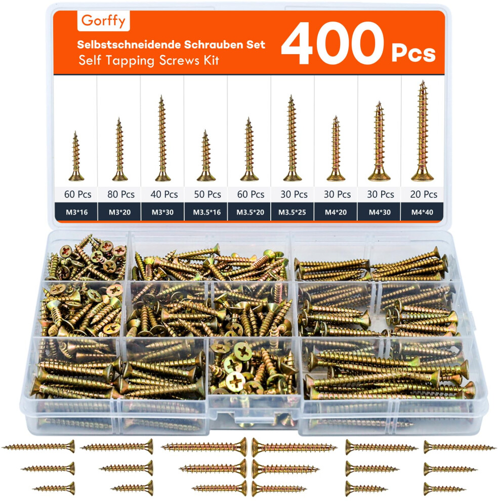 Gorffy Wood Screws, 400 Pcs Color Zinc Screws, Countersunk Wood Screws Assortment, Multi Use High Performance Self Tapping Screw, Assorted Wood Screw 8408874604218