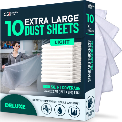 CS 10 Pack Extra Large Plastic Dust Sheets for Decorating 36 x 27m 12x9 ft