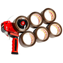 Packatape Packing Tape Gun with 6 Rolls of Extra Strong Brown Tape Heavy D
