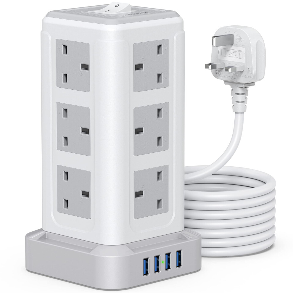Nveeshox Extension Lead Surge Protection, 12 Way Power Strip Tower With 4 Usb Slots 5M/16Ft Long Extension Cord Multi Plug 3250W 13A Overload Protect 97684015