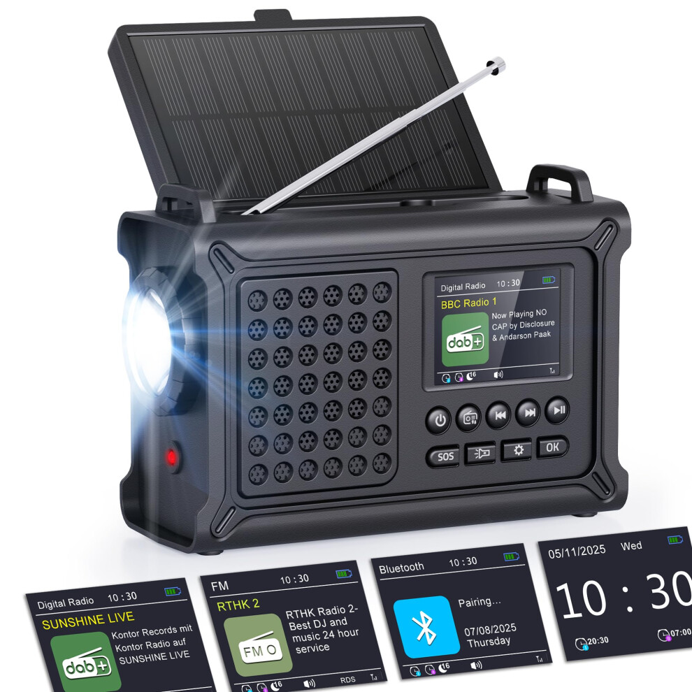 Rocam Wind Up Solar Radio With Dab/Fm, 12000Mah Rechargeable Battery, Crank Radio With 8500Mmâ² Solar Panel, Hi-Fi Sound With 5.0 Bluetooth, Color Dis 5003099801973
