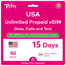 USA eSIM 15 Days. Unlimited High-Speed Data, Local Calls & Texts on T-Mobile Network (Hawaii Included). No Need to Wait for Package!. Get eSIM Same D