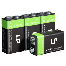 LP 9V Rechargeable Battery Pack, 4-Pack 600mAh Li-ion 9 Volt Battery for Alarms, Wireless Microphones, Smoke Detectors, Toys, Flashlights, Guitar, Ke