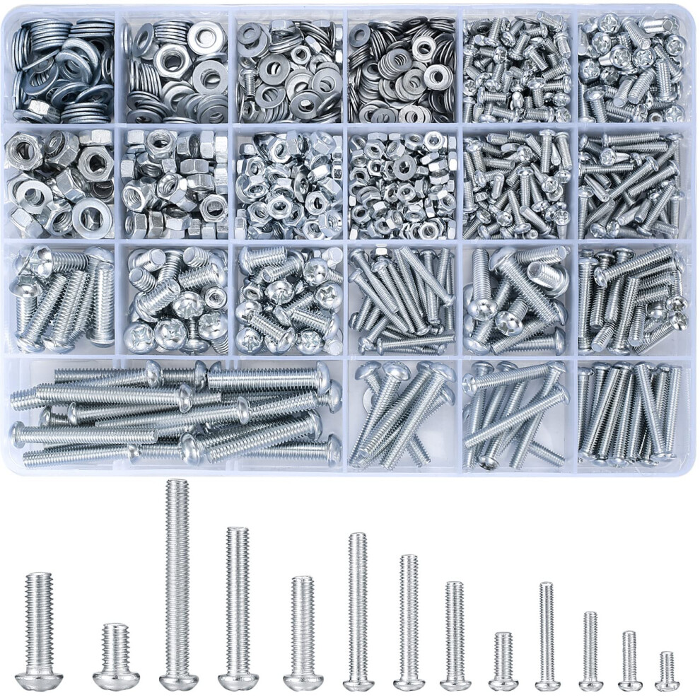 Vwoqiy 1080 Pcs Round Head Screws Nuts Flat Washers Assortment Kit M3 M4 M5 6491349151494