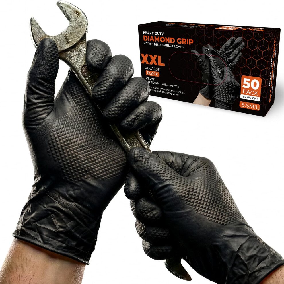 Praima Mechanic Gloves Diamond Grip Black Nitrile Disposable Gloves Powder 7435923741281