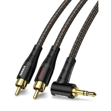 RAWAUX 2 RCA to 3.5mm Audio Cable, 90 Degree 3.5mm Jack to Phono Cable Right Angle Aux to RCA Y Splitter 24K Gold-Plated Red & White Aux Cord for TV,