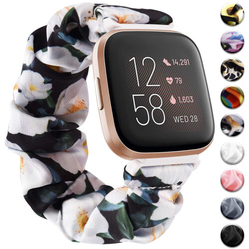 Yisica Adjustable Elastic Scrunchie for Fitbit Versa 2 Strap, Fitbit Versa/Lite/SE Strap Women Men, Soft Stretchy Cloth Pattern Printed Fabric Scrunc