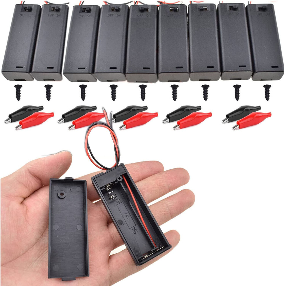 Runcci-Yun 10Pcs Aa 1.5V Battery Holder Case Plastic Battery Storage Box With On/Off Switch Case Cover Wire Leads+10 Crocodile Clips 31620529