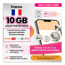 Love Mobile Data Only Sim Card - International Multi-Network 4G/5G Prepaid Pay As You Go Data Sim for Mobile Phones, WiFi Routers, & More, UK & Franc