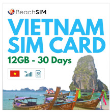 BeachSIM Vietnam SIM card for 30 days. 12GB of data at 4G/5G speeds. SIM card only for data. Free roaming in Indonesia, Hong Kong, Macau, Sri Lanka a