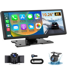 ELECROW 10.26” Wireless Portable Car Play Screen with 4K Front & HD Rear Dual Dash Cam for Apple CarPlay & Android Auto, Mirror Link, Voice Control,