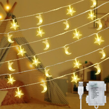 Jsdoin Star Moon Christmas Light 32 ft/10M 80LED Curtain Light, with 8-Mode Control Waterproof Battery Box/USB Cable 1.5M Power Supply, Wedding, Deco