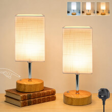 Wudyfei Touch Bedside Lamps Set of 2, Small Dimmable Table Lamp with Wood Grained Base & Fabric Shade, LED Minimalist Bed Side Nightstand Lamp for Bed