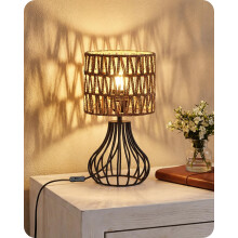 GOEBELSON Bedside Table Lamp, Black Metal Table Lamp with Rattan Paper Lampshade, Modern Bedside Lamps for Bedroom, Industrial Cute Desk Lamp, 4W 270