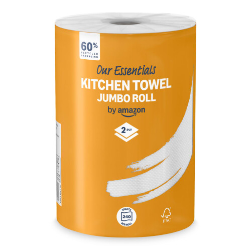 Our Essentials by Amazon Kitchen Towel Jumbo Roll 1 Pack, 2-Ply, 240 Sheets