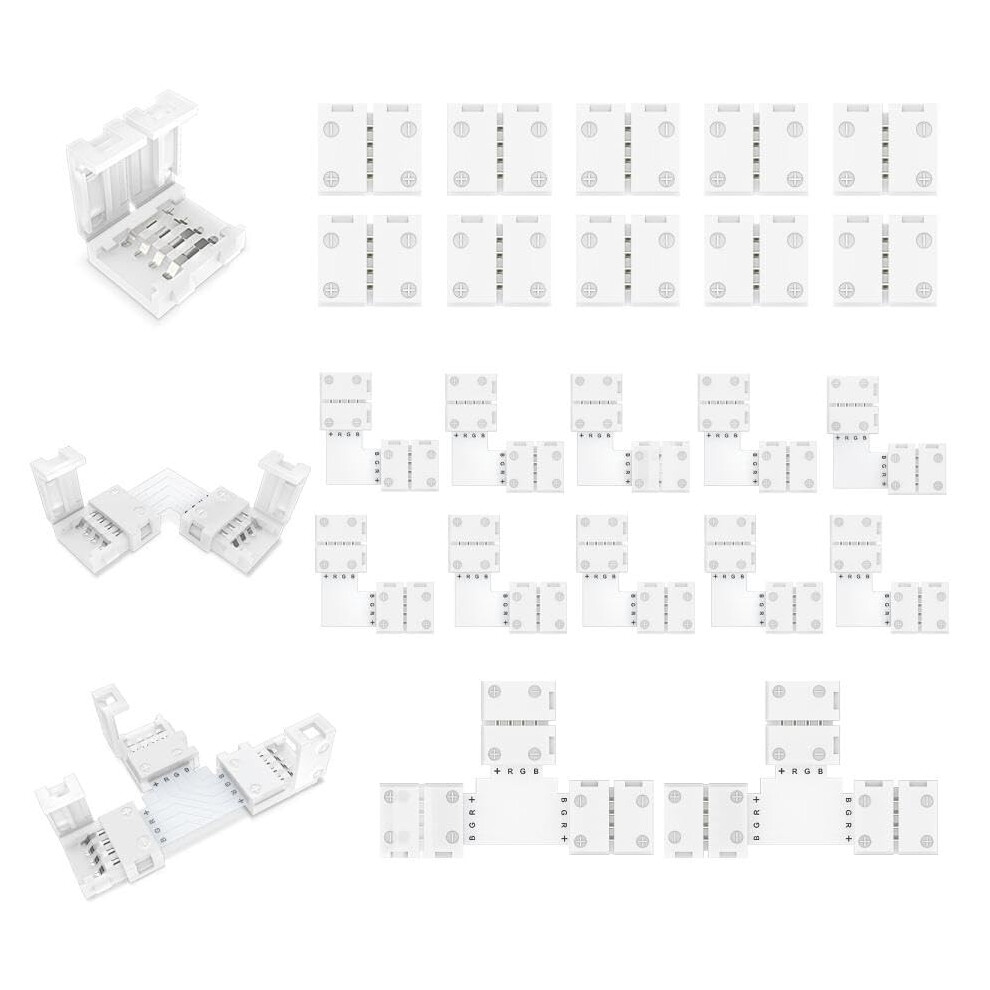 Redtron Led Light Strip Connectors - 4 Pin Rgb 10Mm Solderless Kit For Smd 5050/3528 Led Strips - Includes Gapless Line, L Shape & T Shape Connectors 64748610